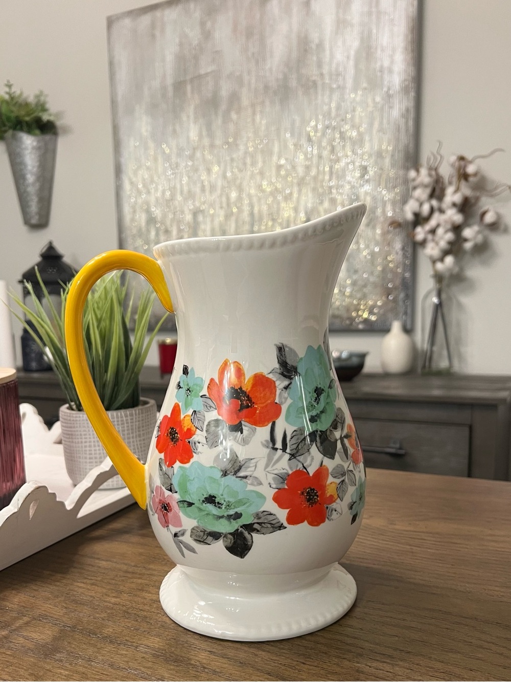 The Pioneer Woman Flea Market Floral 2 Qt Stoneware Pitcher Yellow Handle